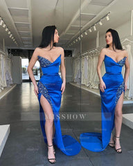 Gorgeous Sexy Royal Blue Sleeveless Long Beads Evening Dress With Split