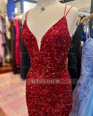 Gorgeous Short Sequined Spaghetti Straps V-neck Tight Homecoming Dress