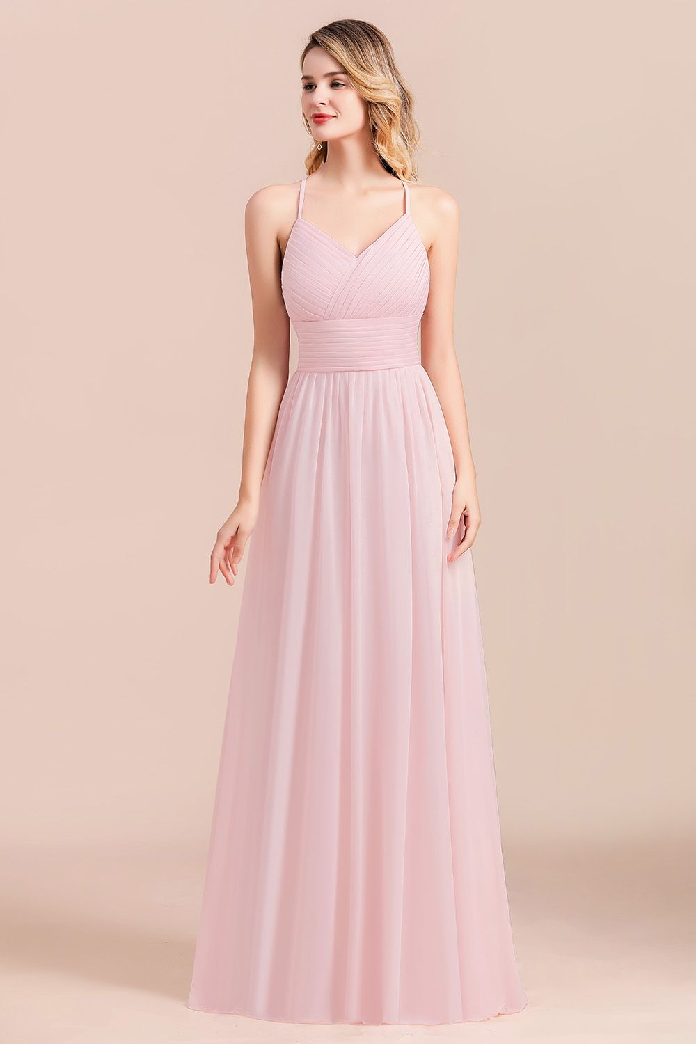 Gorgeous Spaghetti Straps Ruffle Pink Chiffon Bridesmaid Dresses Affordable