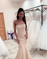 Gorgeous Strapless Beadings Mermaid Wedding Dress Affordable Sleeveless Long Bridal Gown