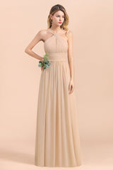 Gorgeous Straps Sleeveless Champagne Chiffon Affordable Bridesmaid dresses with Ruffle