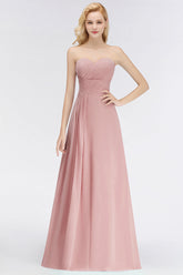 Gorgeous Sweetheart Ruched Long Bridesmaid Dresses Dusty Rose Chiffon Strapless Maid of Honor Dress