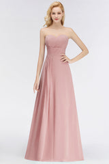 Gorgeous Sweetheart Ruched Long Bridesmaid Dresses Dusty Rose Chiffon Strapless Maid of Honor Dress