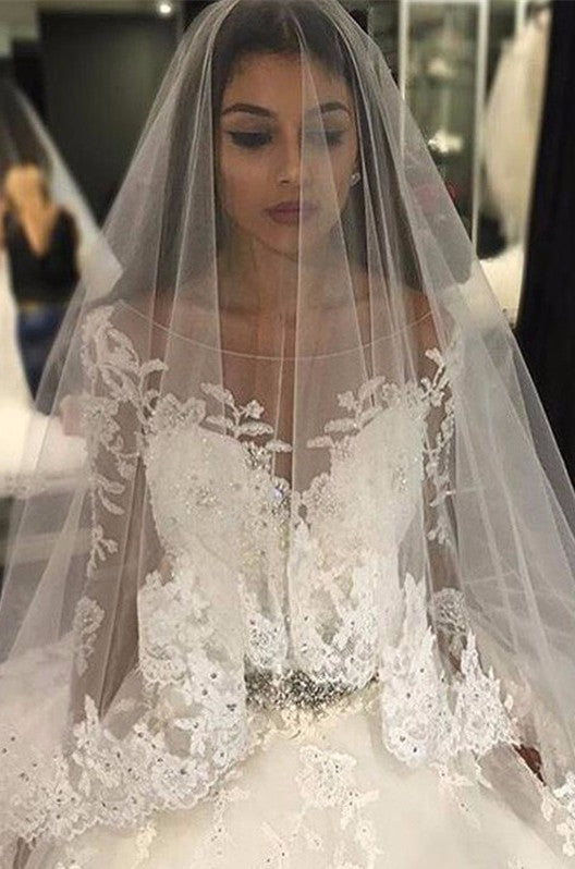 Gorgeous Tulle Appliques Scoop Long Sleeves Crystal Wedding Dress