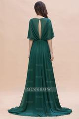 Gorgeous V-Neck Chiffon Ruffles Beading Bridesmaid Dresses with Half Sleeves