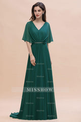 Gorgeous V-Neck Chiffon Ruffles Beading Bridesmaid Dresses with Half Sleeves