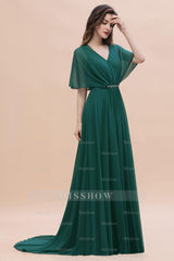 Gorgeous V-Neck Chiffon Ruffles Beading Bridesmaid Dresses with Half Sleeves