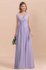 Gorgeous V-Neck Ruffle Lilac Chiffon Affordable Bridesmaid Dresses with Ruffle