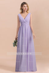 Gorgeous V-Neck Ruffle Lilac Chiffon Affordable Bridesmaid Dresses with Ruffle
