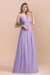 Gorgeous V-Neck Ruffle Lilac Chiffon Affordable Bridesmaid Dresses with Ruffle
