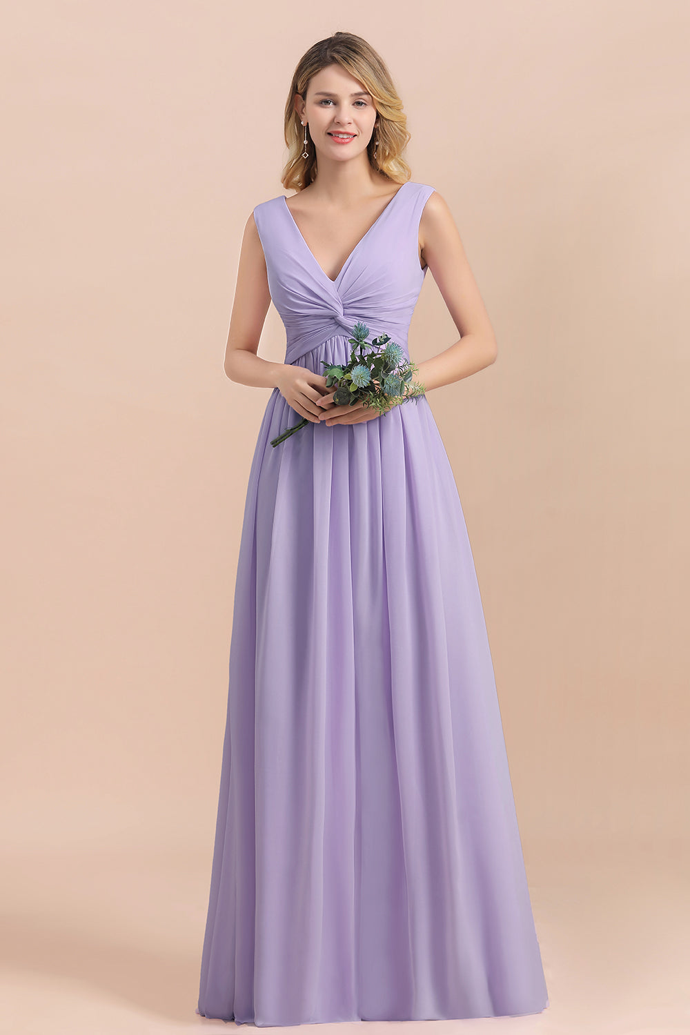 Gorgeous V-Neck Ruffle Lilac Chiffon Affordable Bridesmaid Dresses with Ruffle