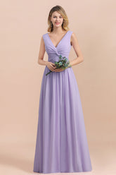 Gorgeous V-Neck Ruffle Lilac Chiffon Affordable Bridesmaid Dresses with Ruffle