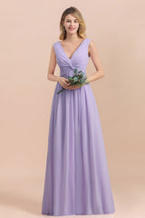 Gorgeous V-Neck Ruffle Lilac Chiffon Affordable Bridesmaid Dresses with Ruffle