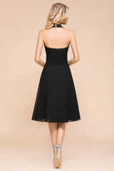Graceful Black Halter Mini Dress Chiffon Knee Length Dress