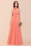halter Beach Bridesmaid Dress Girls Coral Floor Length Wedding Party Dress-misshow.com