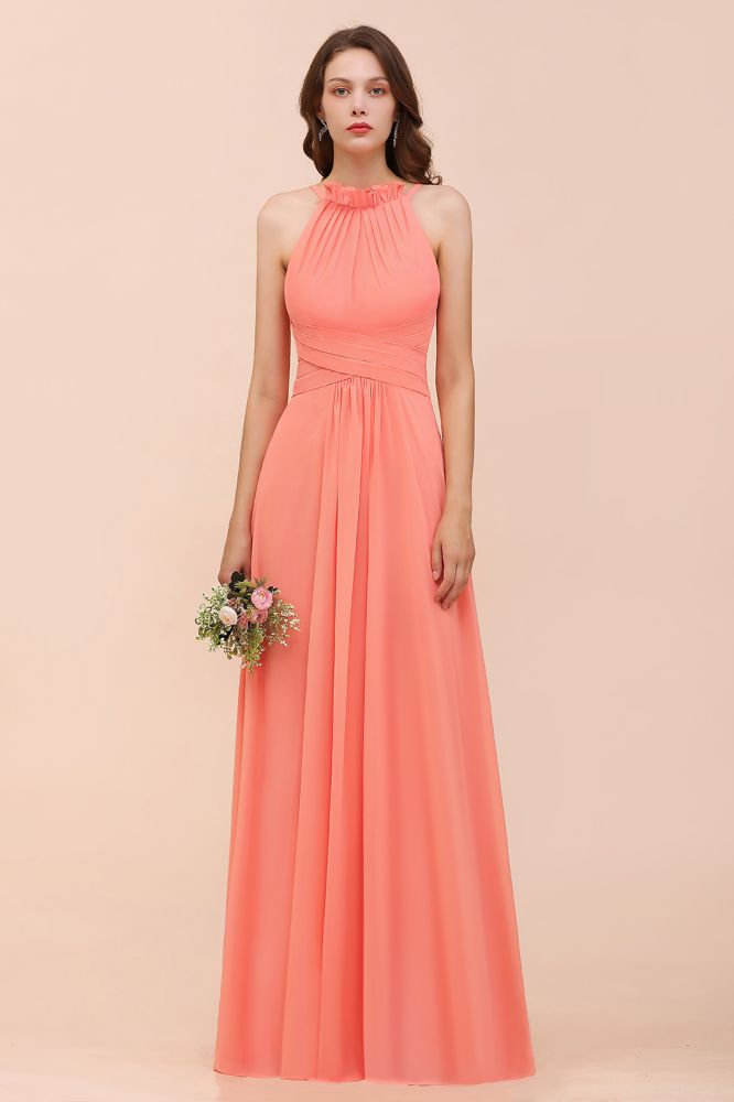 halter Beach Bridesmaid Dress Girls Coral Floor Length Wedding Party Dress