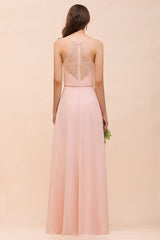 Halter Bridesmaid Dress Pink Floor Length Formal Event Dress