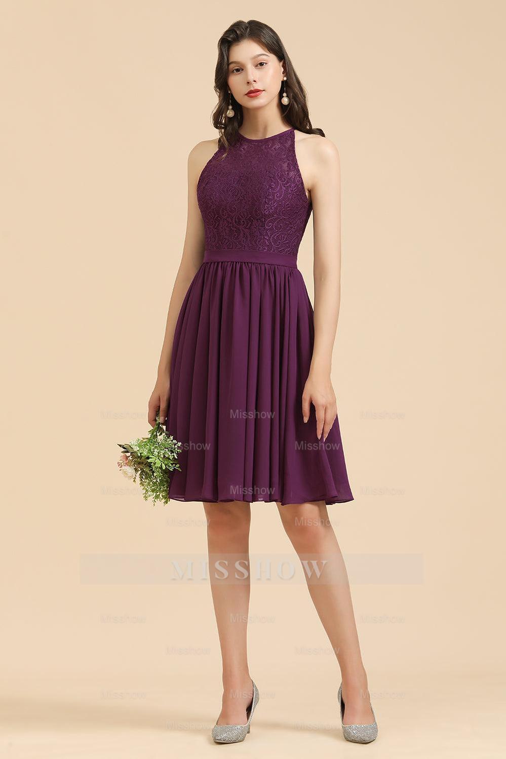 Halter Lace Bridesmaid Dress Chiffon Sleeveless Short Dress