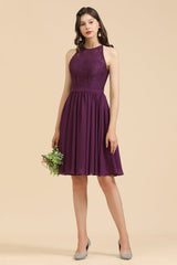 Halter Lace Bridesmaid Dress Chiffon Sleeveless Short Dress