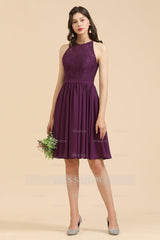 Halter Lace Bridesmaid Dress Chiffon Sleeveless Short Dress