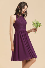 Halter Lace Bridesmaid Dress Chiffon Sleeveless Short Dress