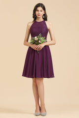 Halter Lace Bridesmaid Dress Chiffon Sleeveless Short Dress