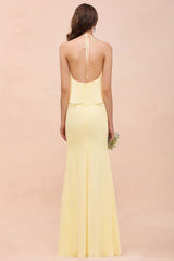 Halter Mermaid Chiffon Girls Bridesmaid Dress Yellow Floor length Beach Wedding Dress