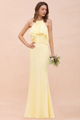Halter Mermaid Chiffon Girls Bridesmaid Dress Yellow Floor length Beach Wedding Dress