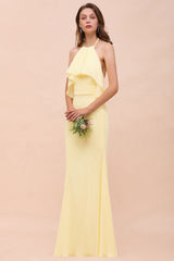Halter Mermaid Chiffon Girls Bridesmaid Dress Yellow Floor length Beach Wedding Dress