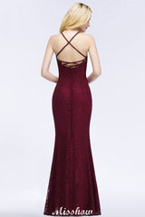 Halter Mermaid Evening Dress Floor Length Lace Burgundy Bridesmaid Dresses