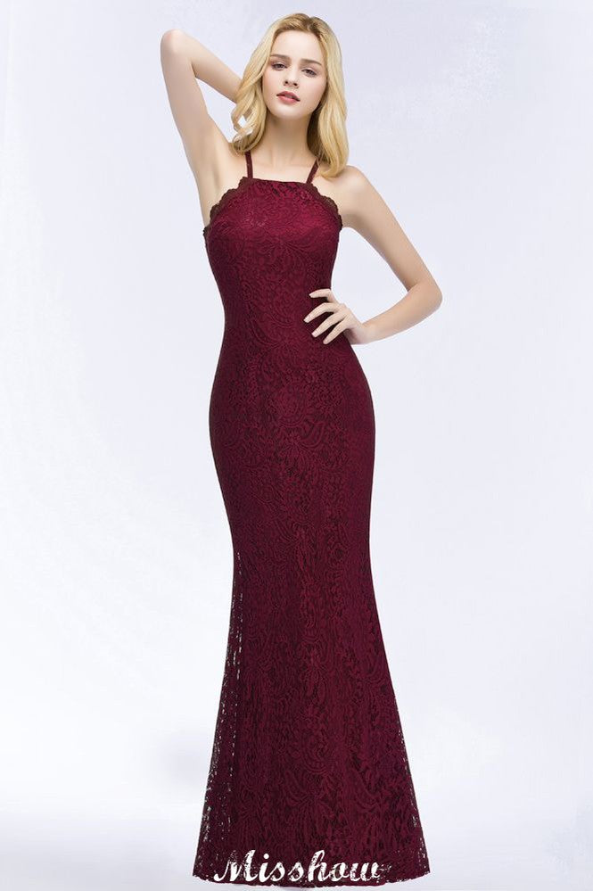 Halter Mermaid Evening Dress Floor Length Lace Burgundy Bridesmaid Dresses