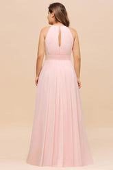 Halter Pink Bridesmaid Dress Plus Size Chiffon Wedding party Dress for Girls