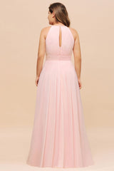 Halter Pink Bridesmaid Dress Plus Size Chiffon Wedding party Dress for Girls