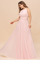 Halter Pink Bridesmaid Dress Plus Size Chiffon Wedding party Dress for Girls