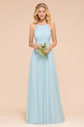 Halter Sky Blue Floor Length Bridesmaid Dress online Sleeveless A-line party Dress