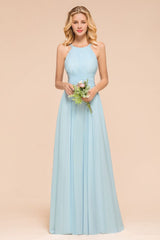 Halter Sky Blue Floor Length Bridesmaid Dress online Sleeveless A-line party Dress