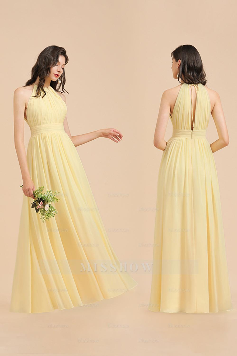 Halter Sleeveless Daffodil Chiffon Bridesmaid Dress with Ruffles