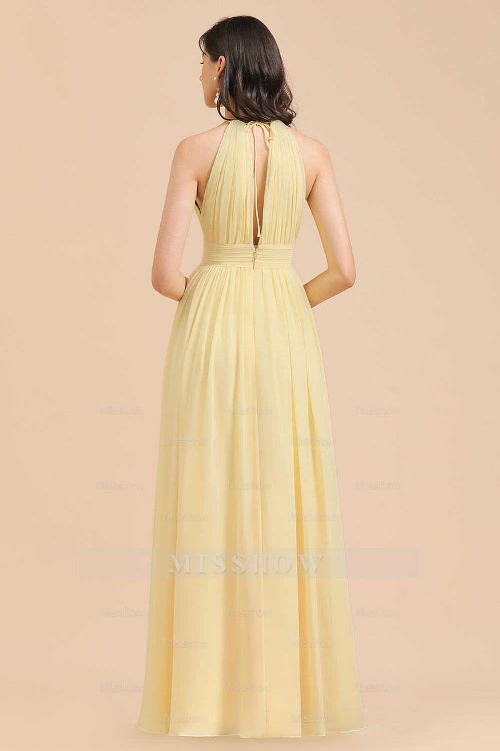 Halter Sleeveless Daffodil Chiffon Bridesmaid Dress with Ruffles