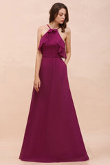 Halter Sleeveless Purple Bridesmaid Dress with Side Pockets