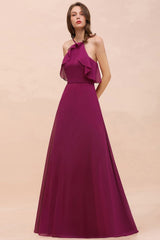Halter Sleeveless Purple Bridesmaid Dress with Side Pockets