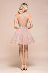 Halter Sparkly Short Homecoming Dress Floral Lace Aline Prom Dress Knee Length