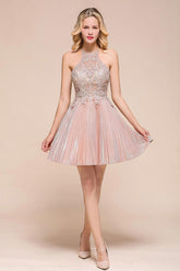 Halter Sparkly Short Homecoming Dress Floral Lace Aline Prom Dress Knee Length
