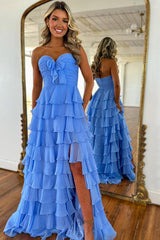 Hot Pink Sweetheart A-Line Chiffon Long Ruffled Prom Dress with Slit