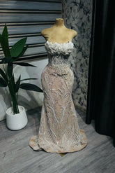 Gorgeous Long Mermaid Lace Beaded Strapless Prom Dress with Pearls