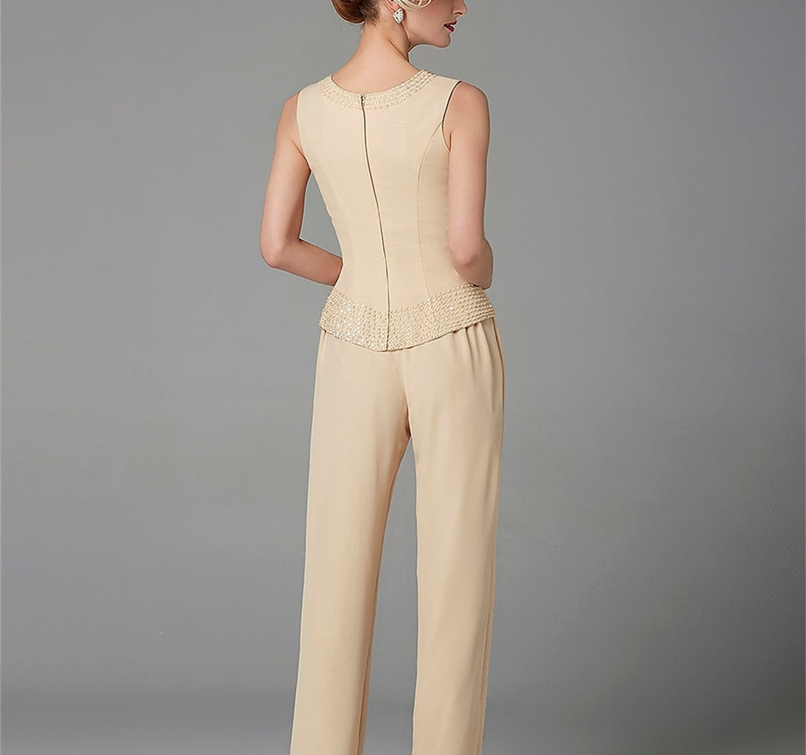 Chiffon Long Sleeves Mother Of The Bride Pantsuits With Jacket Sequins