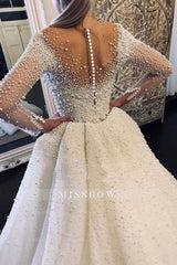 Ivory Long Sleeves Despatchable Train V-neck Button Wedding Dress with Fully coverd Pearls
