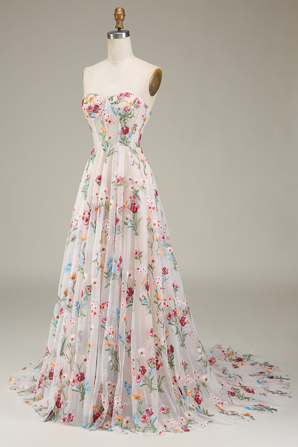Ivory Sweetheart Tulle Embroidery A-Line Long Prom Dress with Sweep Train