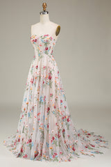 Ivory Sweetheart Tulle Embroidery A-Line Long Prom Dress with Sweep Train