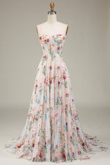 Ivory Sweetheart Tulle Embroidery A-Line Long Prom Dress with Sweep Train