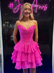 Sweetheart Strapless Corset Homecoming Dress Lace Applique Tiered Ruffle Chiffon Mini